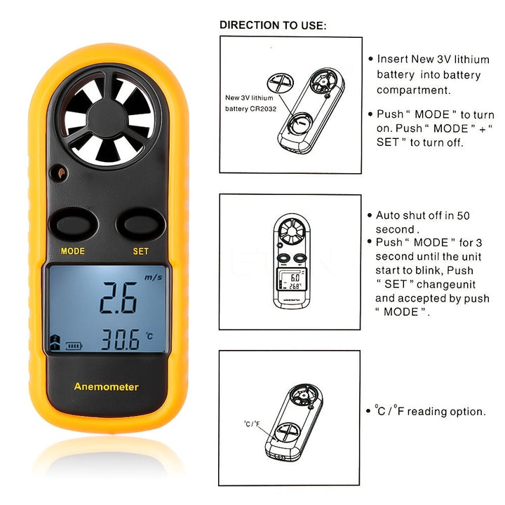 Compact handheld digital anemometer for portable wind speed and weather measurement on the go.