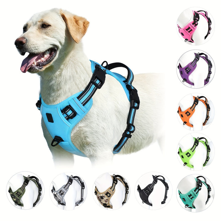 Reflective no-pull dog harness for safe and comfortable walking.