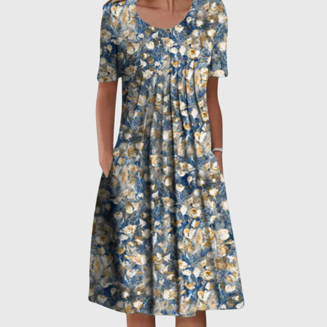 Stylish women's elegant round neck printed midi dress, a comfortable and versatile choice for casual outings.