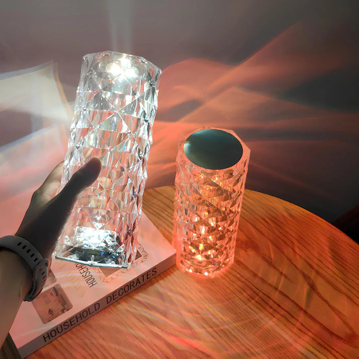 Elegant crystal table lamp with remote control, dimmable, color changing for home ambiance.
