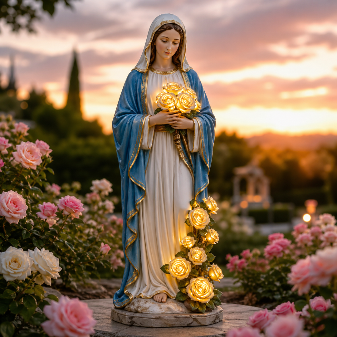 Virgin Mary solar garden light statue. Beautiful religious decor for outdoor spiritual gardens or memorial spaces, with LED rose light.