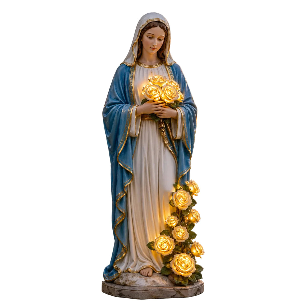 Divine Virgin Mary outdoor statue with solar-powered LED light, perfect for religious garden decor or a spiritual memorial.