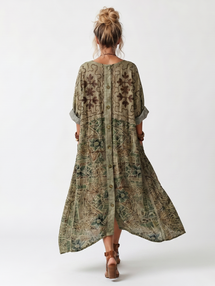 Oversized embroidered women's midi dress, button-front, V-neck. Comfortable casual everyday and summer wear.