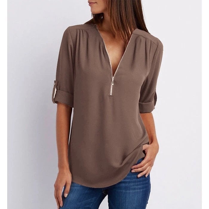 Women's Zip V-Neck 3/4 Sleeve Blouse