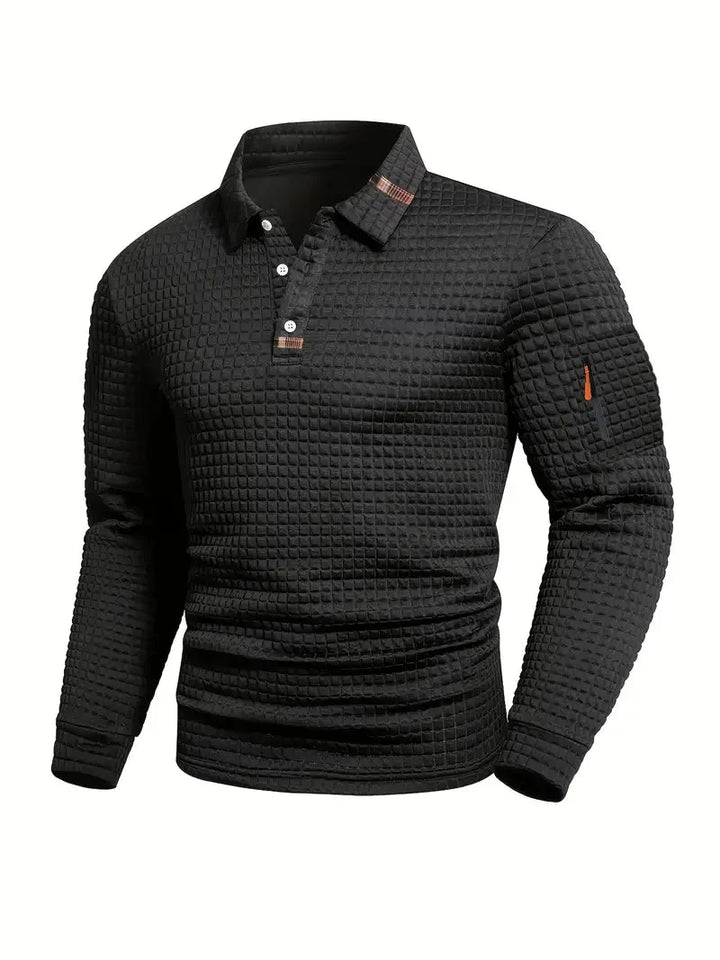 Modern men's textured long-sleeve polo top, perfect for smart casual outfits & contemporary menswear.