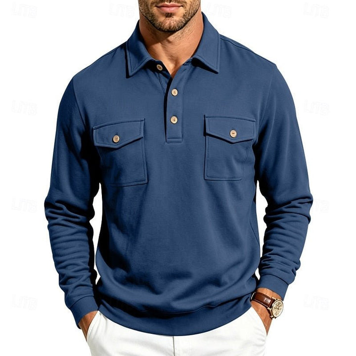 Model wearing a men's refined long-sleeve pocket polo shirt, showcasing smart casual and versatile fit.