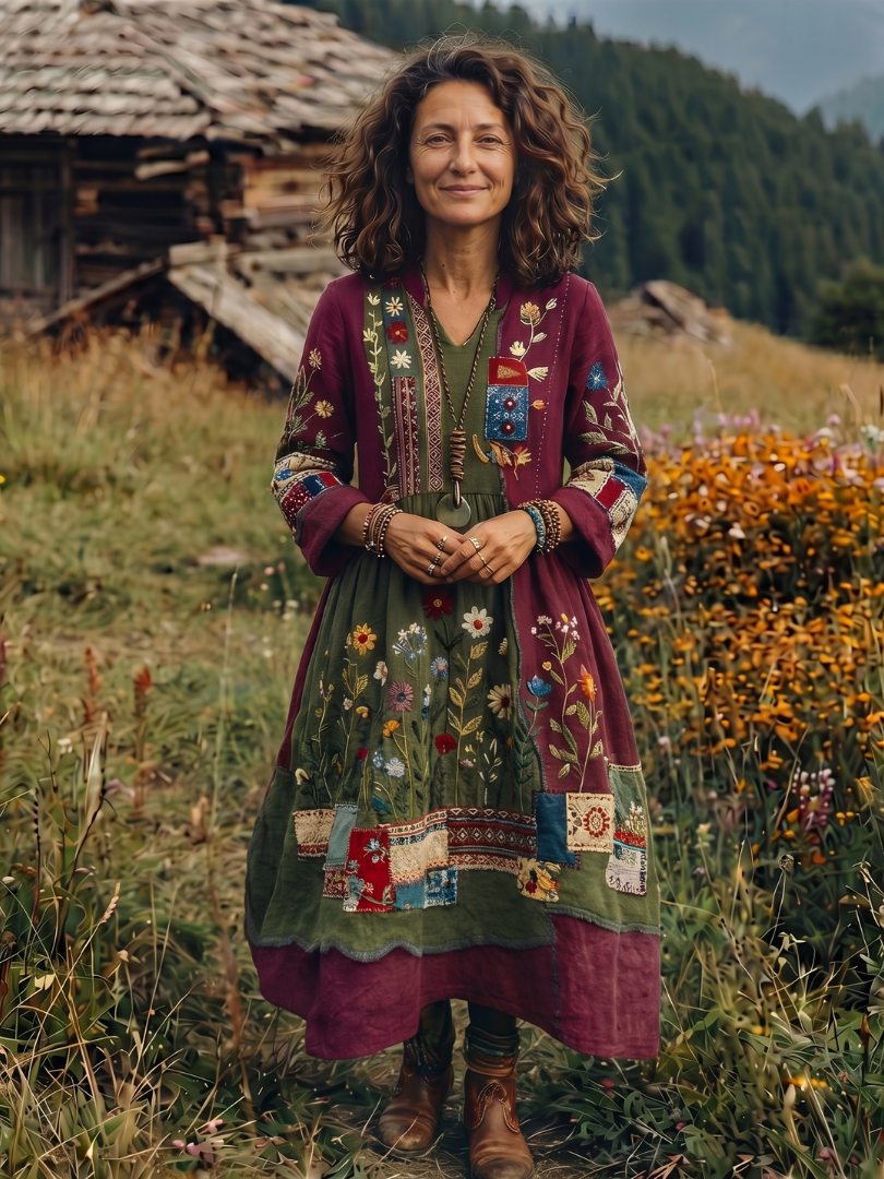 Comfortable women's flowy midi dress, long sleeve, with artistic embroidered panel design. Great for any occasion.