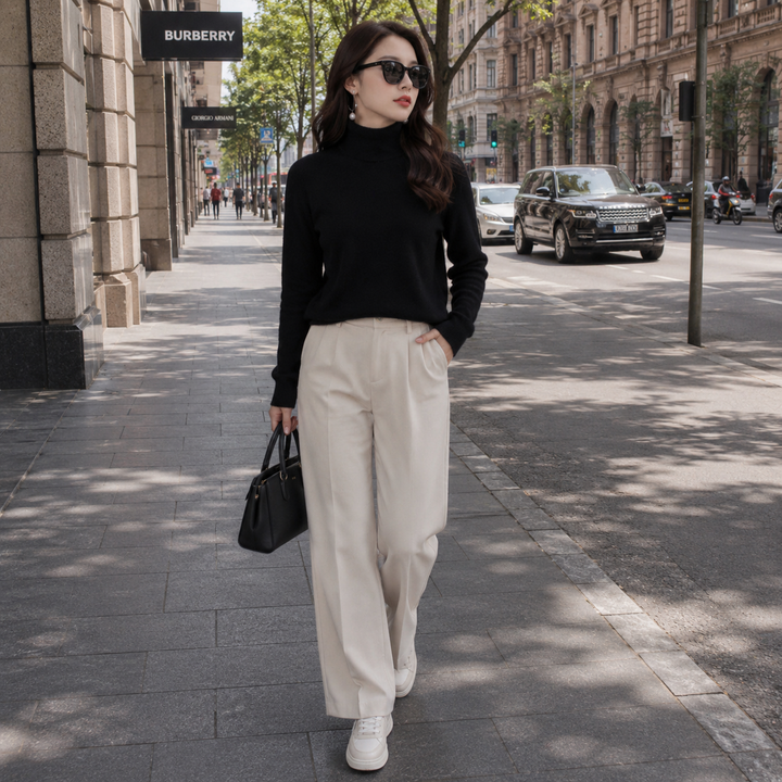Soft women's fashion jumper with a roll-neck, crafted from luxurious cashmere blend for elegance.