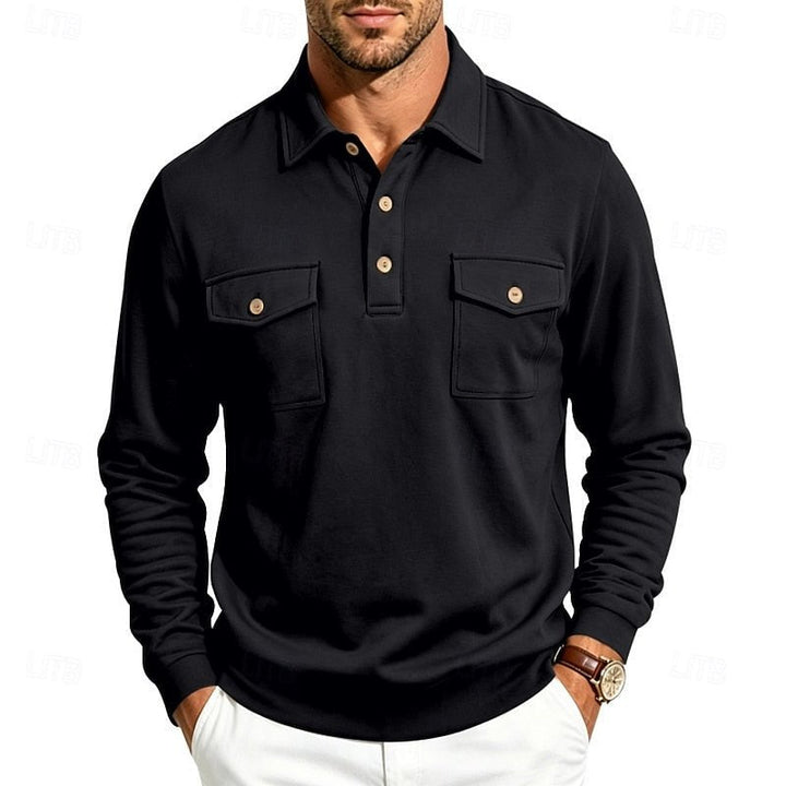 Front view of men's long-sleeve pocket polo shirt with buttoned collar, ideal for smart casual fashion.