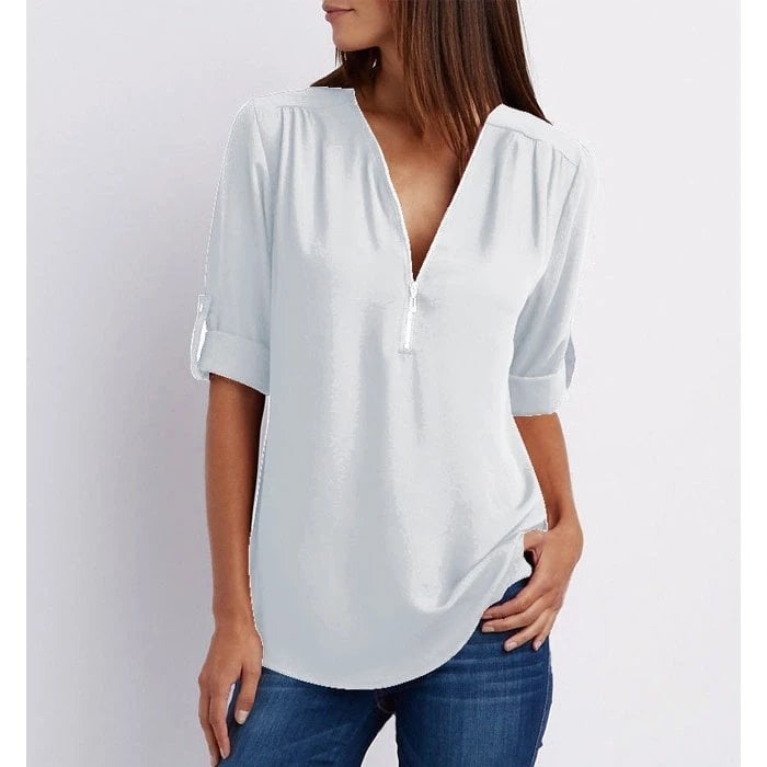 Women's Zip V-Neck 3/4 Sleeve Blouse