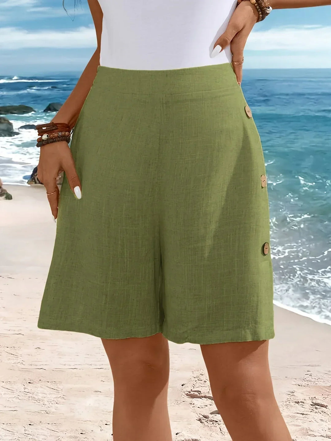 Side view of women's button-front comfort shorts, showing the comfortable relaxed fit for summer.