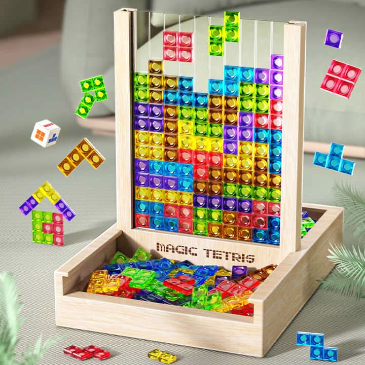 EcoBlock Tetris Board, sustainable wooden puzzle game for family fun & brain training. Educational strategy game.