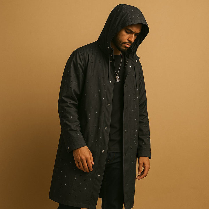 Man wearing a protective men's waterproof long rain jacket with hood, perfect for hiking and all-weather outdoor activities.