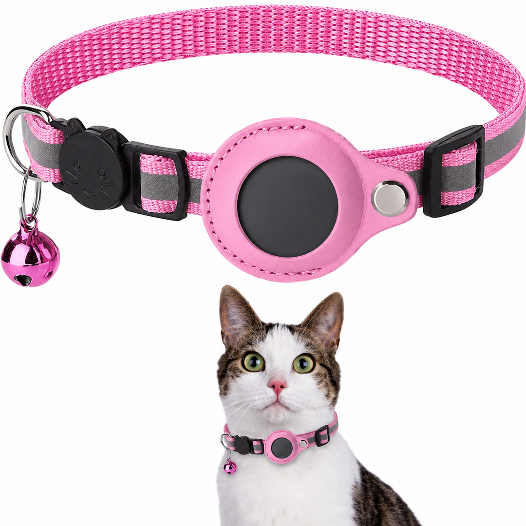 Secure reflective cat collar with breakaway safety clip and GPS tracker compartment.
