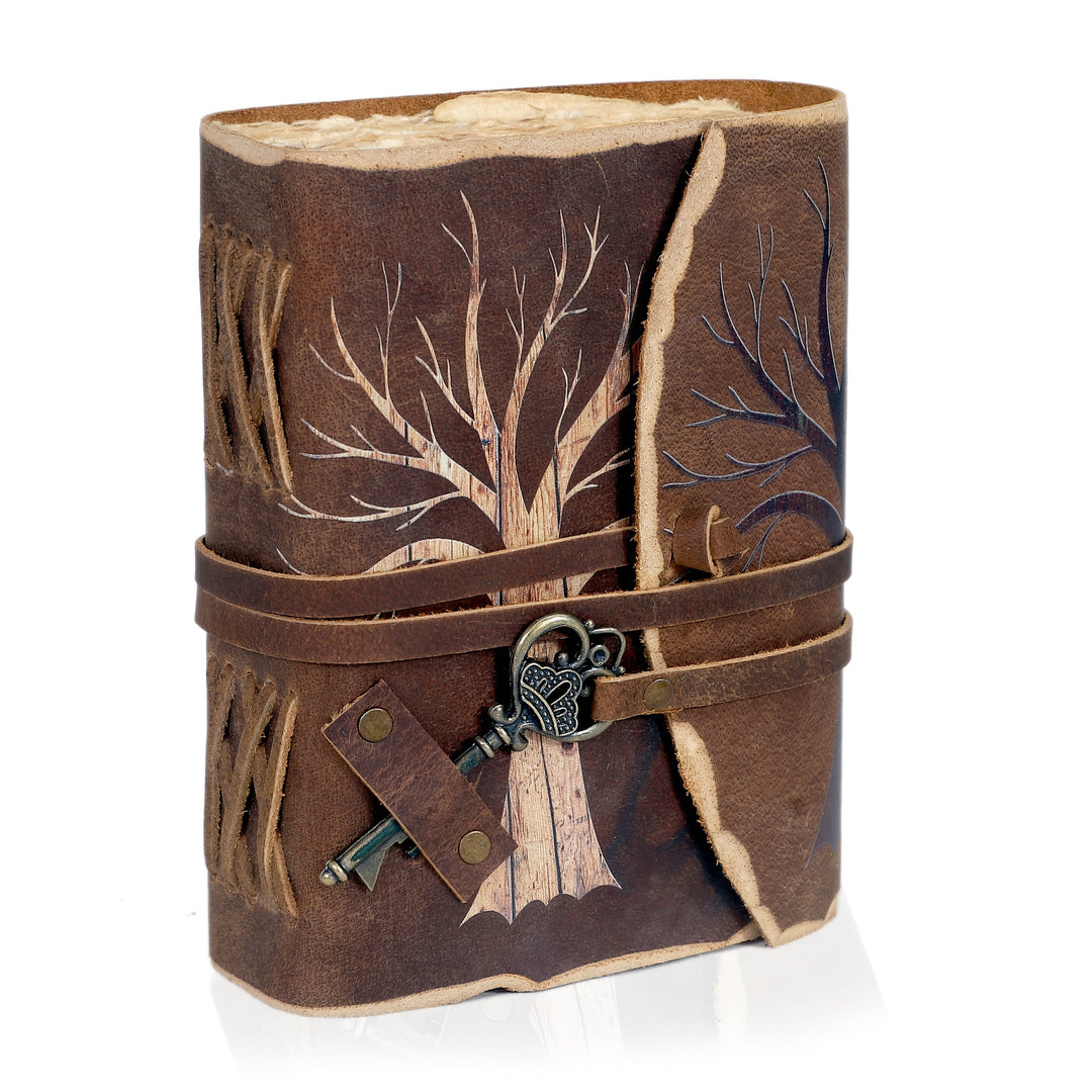 Unique handcrafted journal, vintage design, leather look finish & secure lock closure.