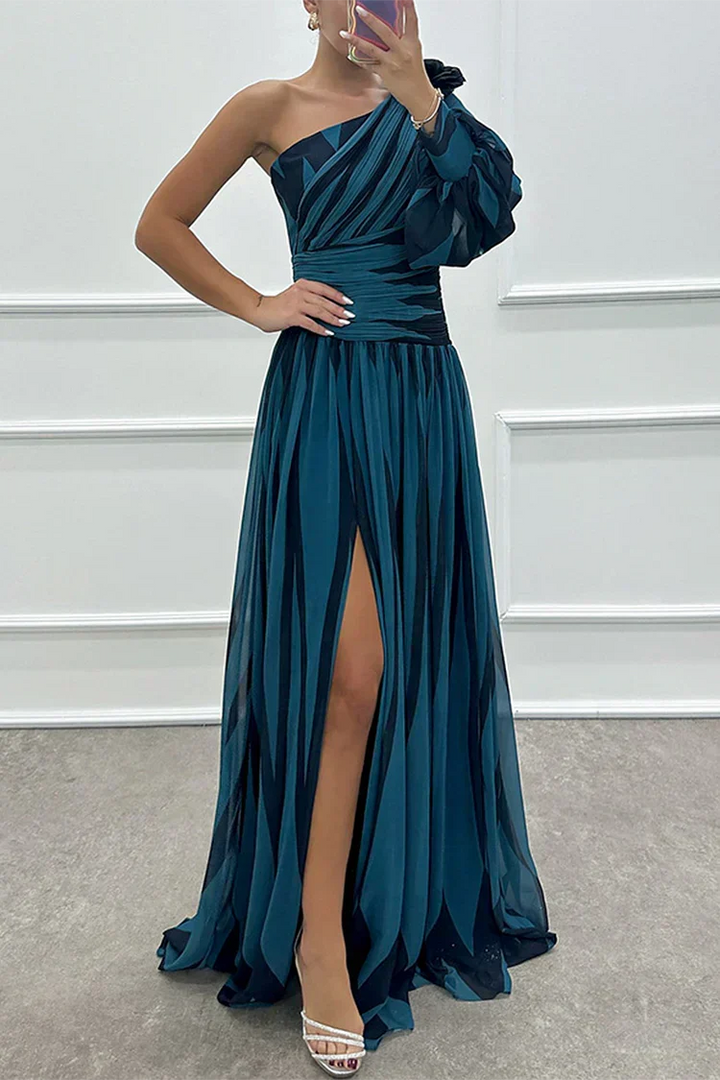 Beautiful women's striped one-shoulder maxi dress, perfect as an elegant party or evening gown.