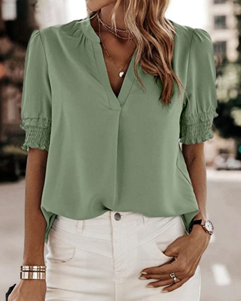 Women's V-Neck Puff Sleeve Blouse