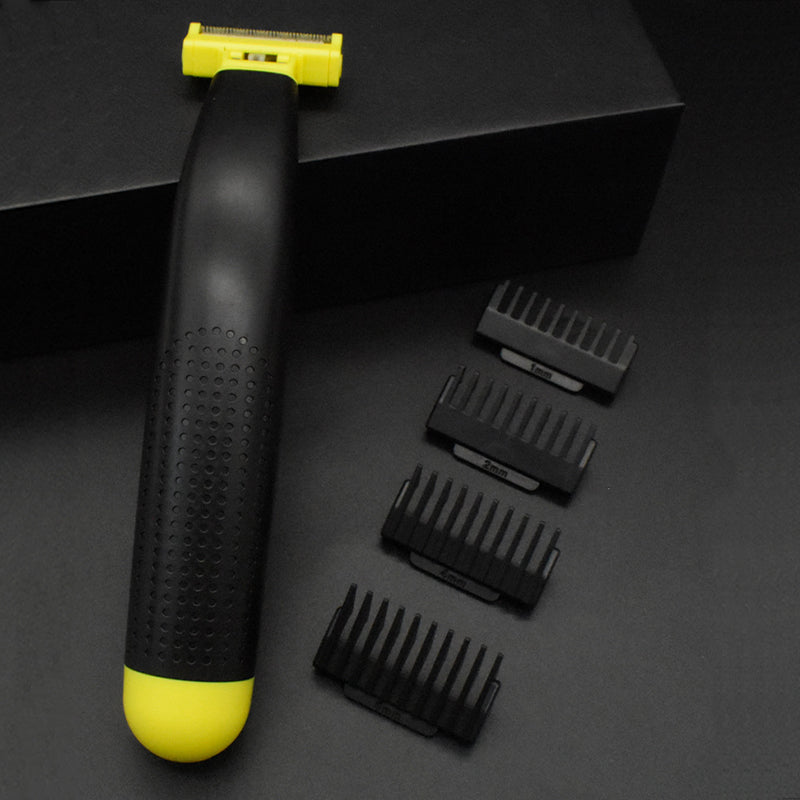 Man using a waterproof Wet & Dry Electric Body Shaver for smooth full body hair removal & personal care.