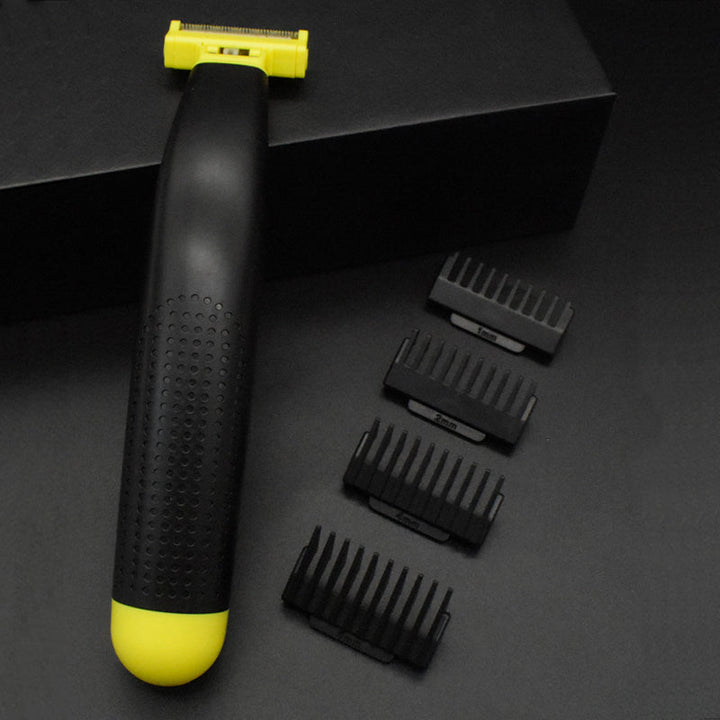Man using a waterproof Wet & Dry Electric Body Shaver for smooth full body hair removal & personal care.