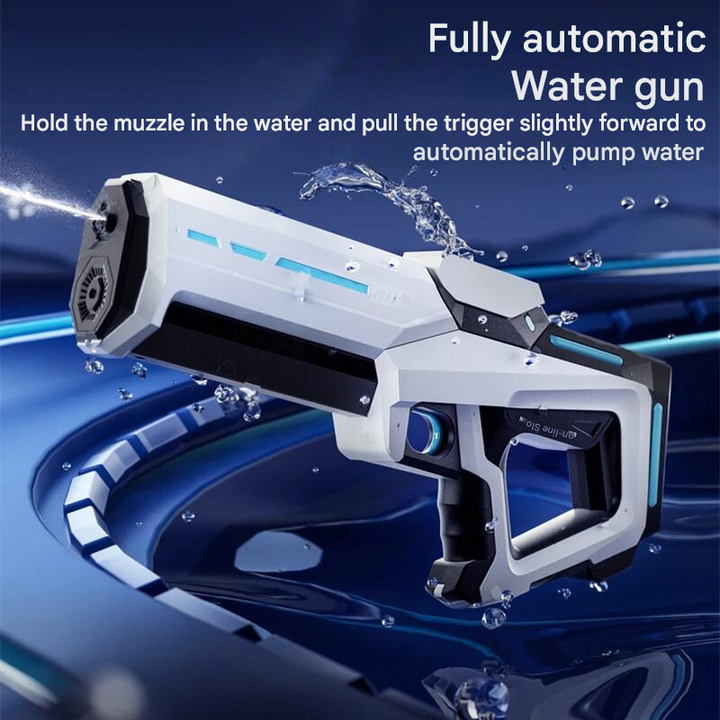 Kids enjoying an automatic water blaster, 1L tank. Ideal for family fun, backyard games & summer play.