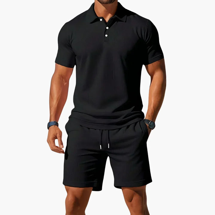 Lightweight men's summer polo and shorts two-piece set, designed for breathable comfort and casual style.