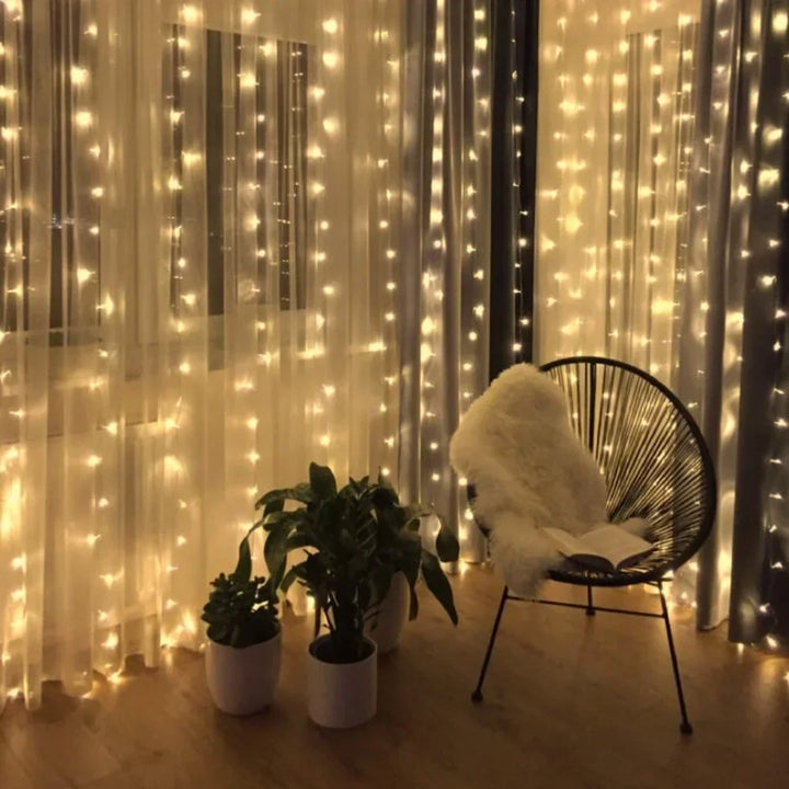 Enchanting warm white LED fairy curtain string lights for stunning indoor/outdoor ambiance.