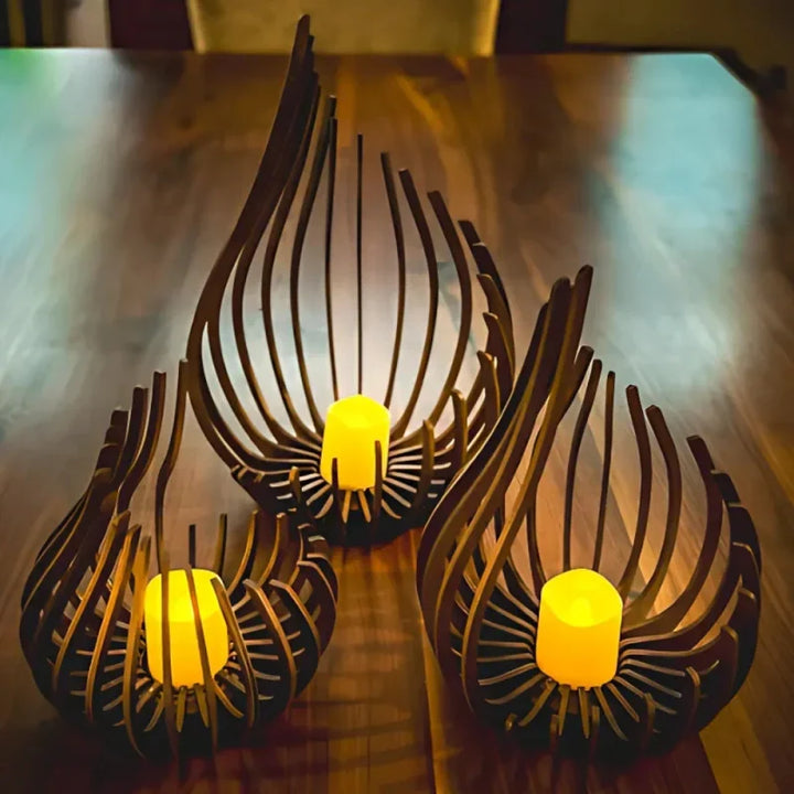 Versatile wooden tea light stand, hollow carved, suitable for rustic, modern, or DIY home decor.