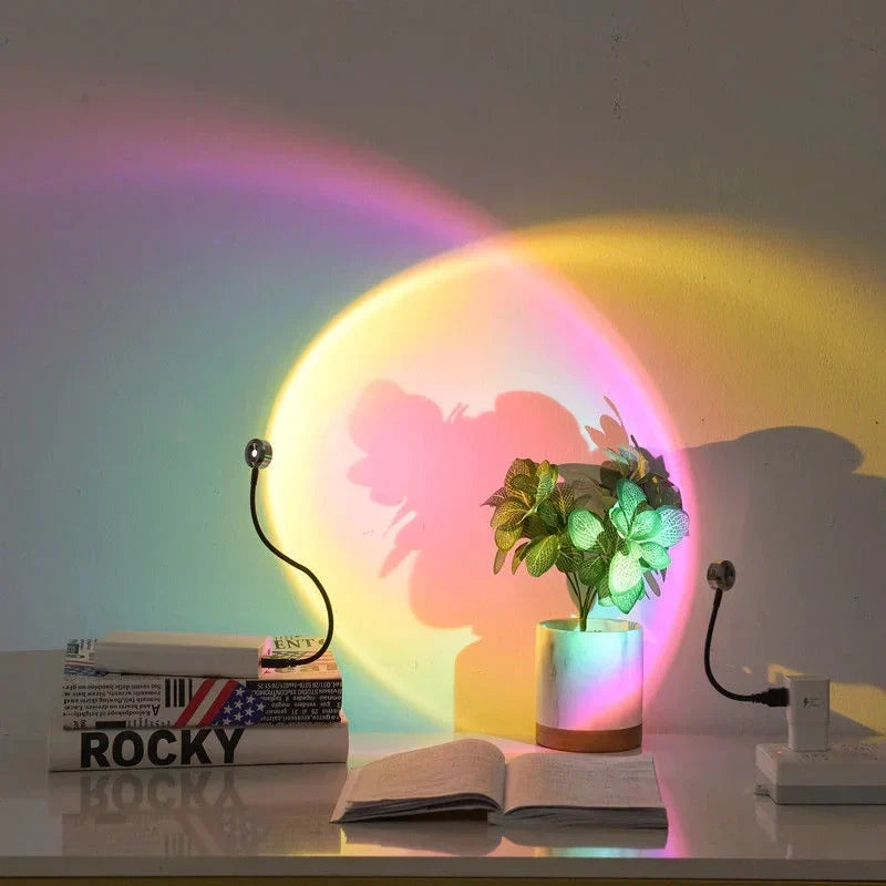 Vibrant RGB gradient sunset projector lamp. Adjustable head for aesthetic room ambiance & mood lighting.