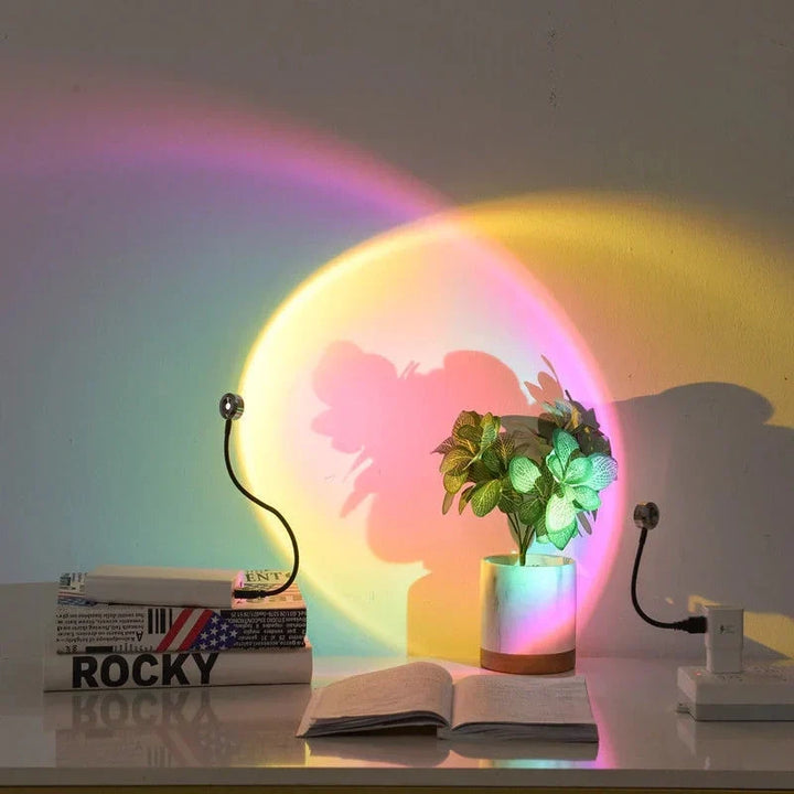 Vibrant RGB gradient sunset projector lamp. Adjustable head for aesthetic room ambiance & mood lighting.
