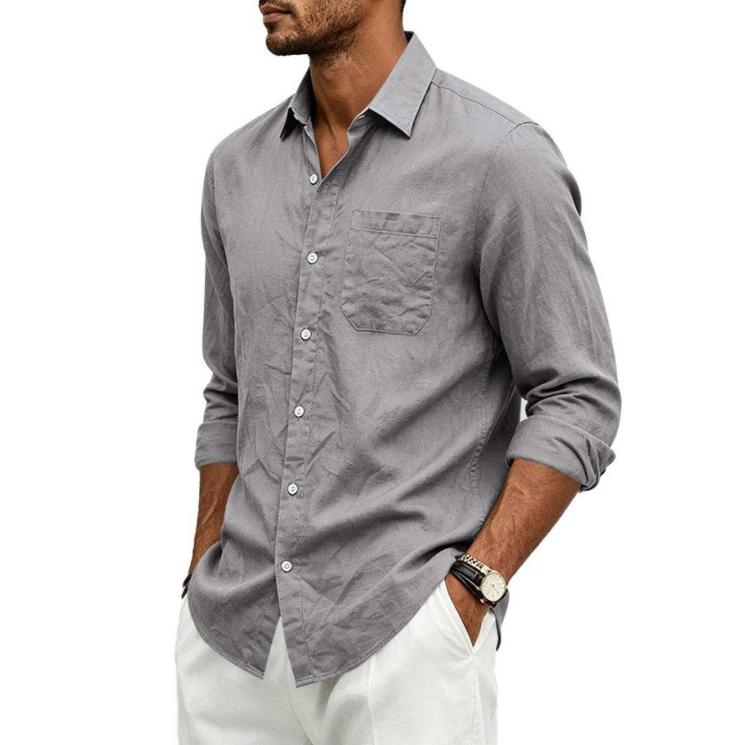 Travel-ready men's loose-fit lapel long-sleeve shirt, a comfortable and stylish vacation top.