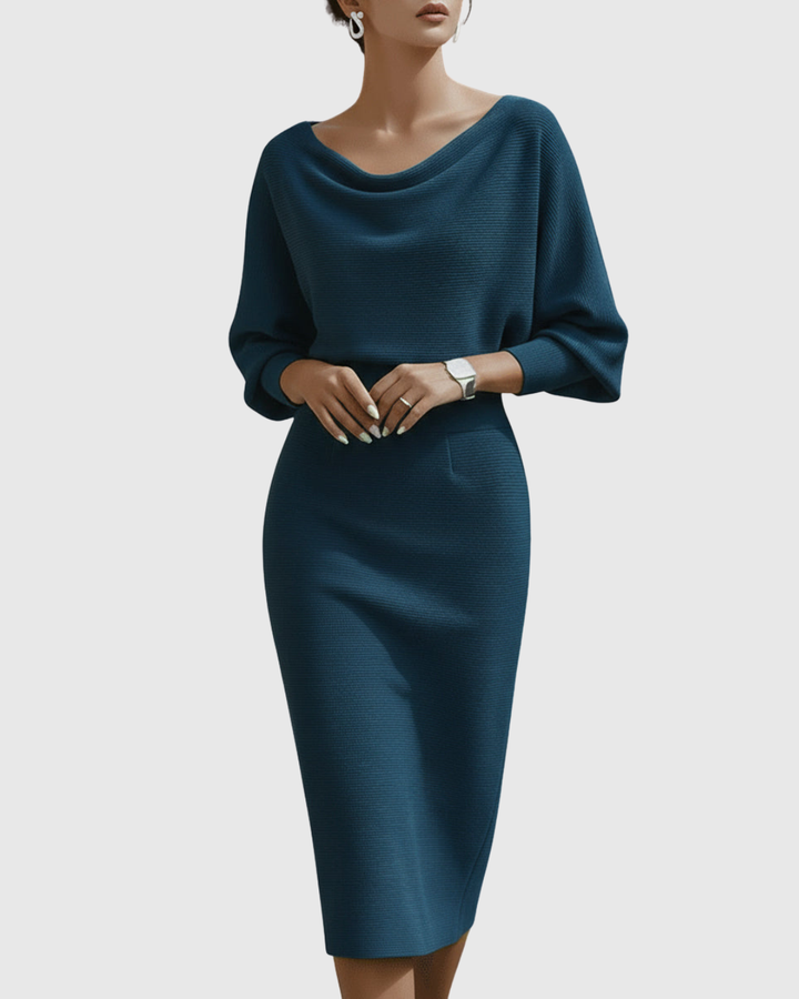 Women's elegant black midi dress, pencil fit, with unique cowl neck & batwing sleeve detail.