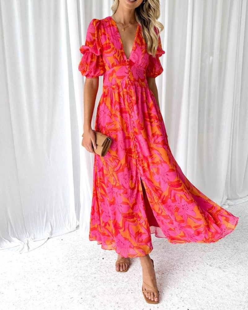 Women's V-Neck Puff Sleeve Maxi Dress