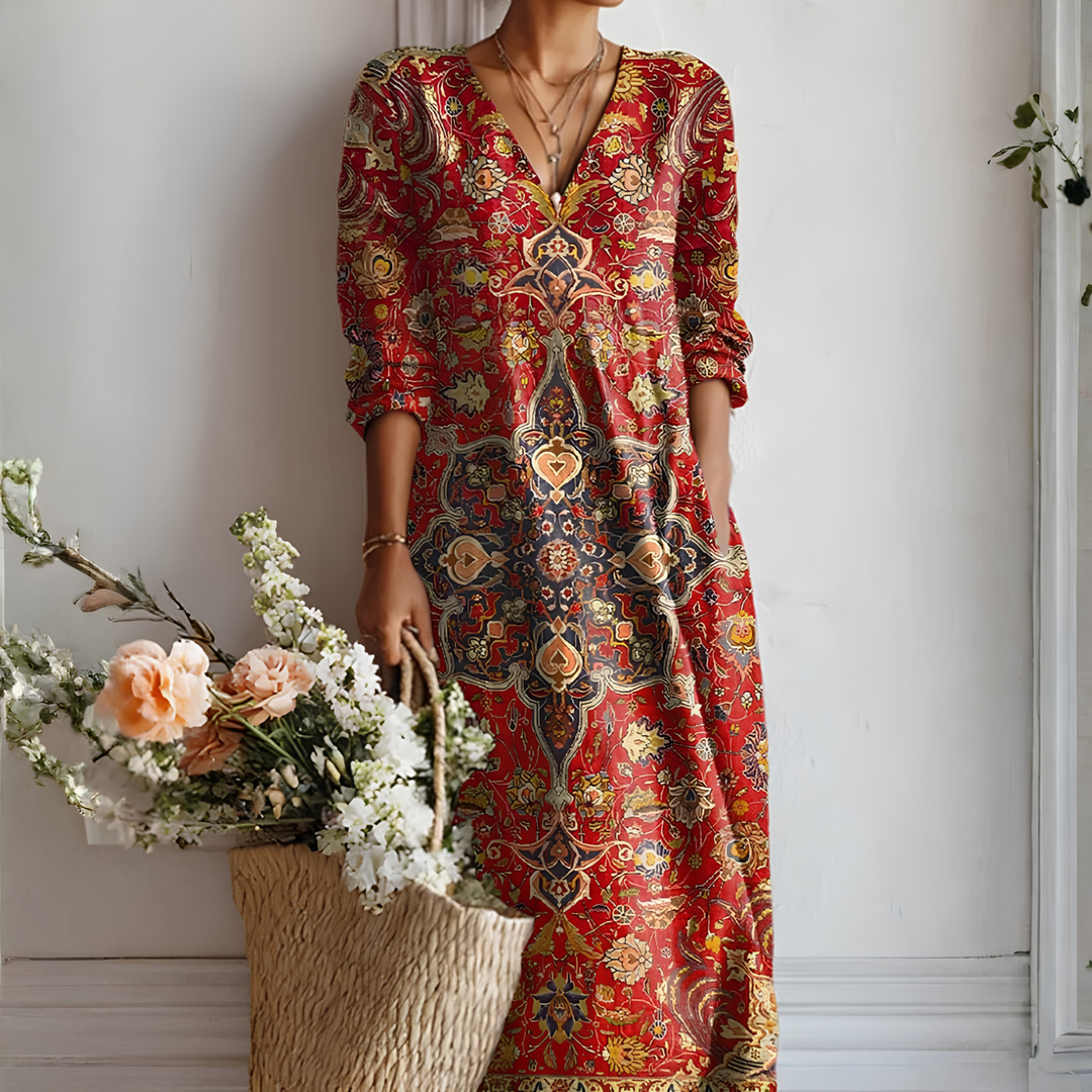 Lightweight women's long sleeve travel dress, offering versatile comfort for stylish adventures. Relaxed fit.