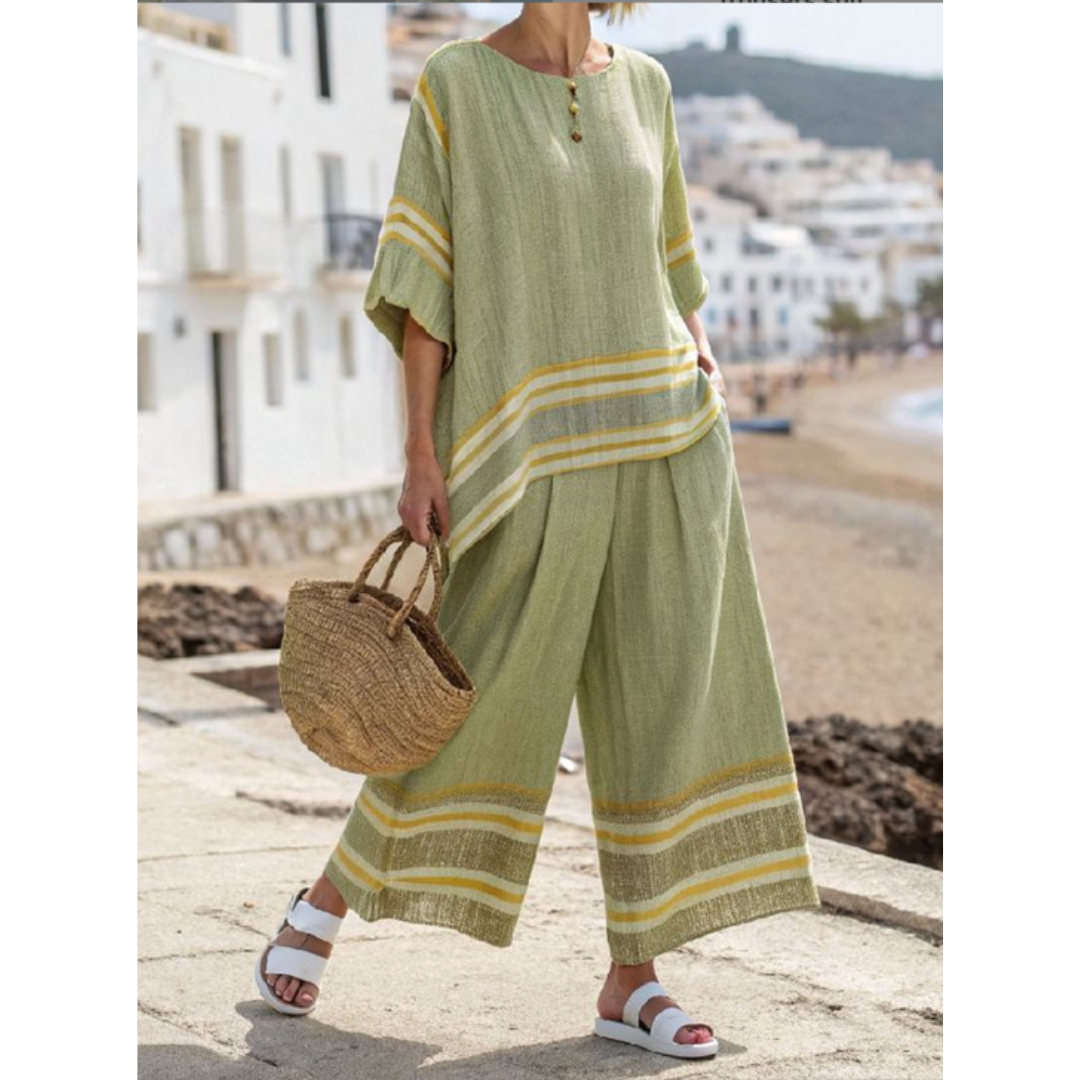 Elegant green striped two-piece set for women, comfortable & perfect for summer casual wear.