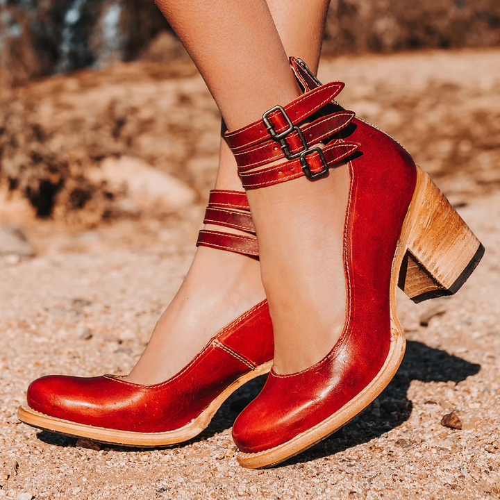 Versatile women's fashion ankle boots, orthopedic, with strappy buckle detail and block heel.