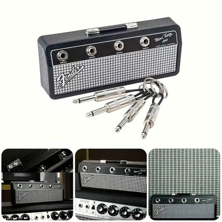 Detailed view of a music amplifier key holder. Wall mount key organizer with guitar-style jacks for entryway decor.