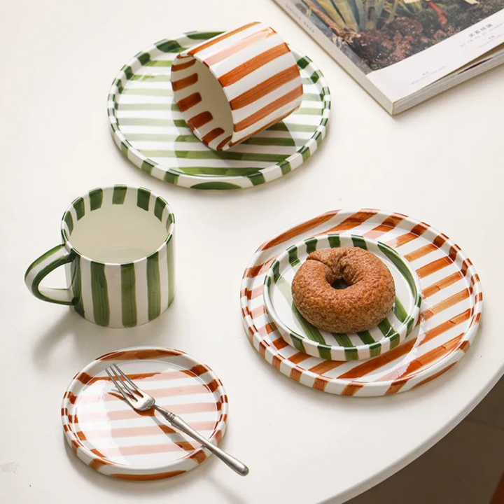 Elegant hand-painted ceramic coffee set, a retro chic cup and saucer with vintage style. Perfect gift idea.