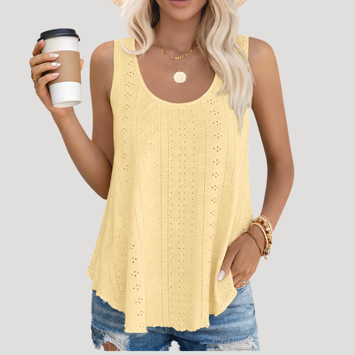 Full front view of a Women's Fenella eyelet scoop neck tank top, a breathable women's casual summer top.