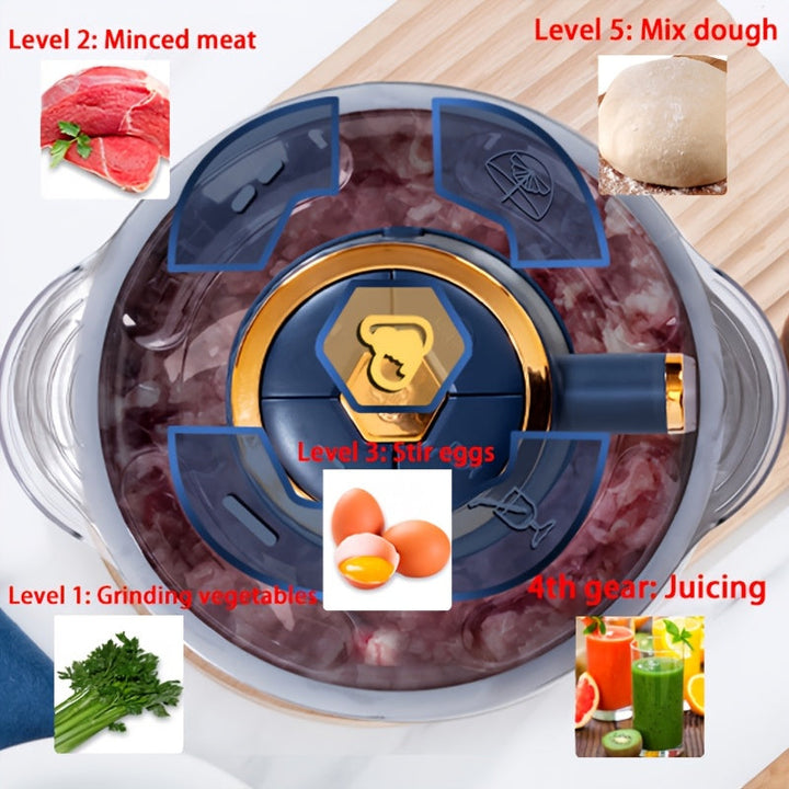 High-power stainless steel electric chopper, meat mincer, and vegetable slicer. Perfect kitchen machine.
