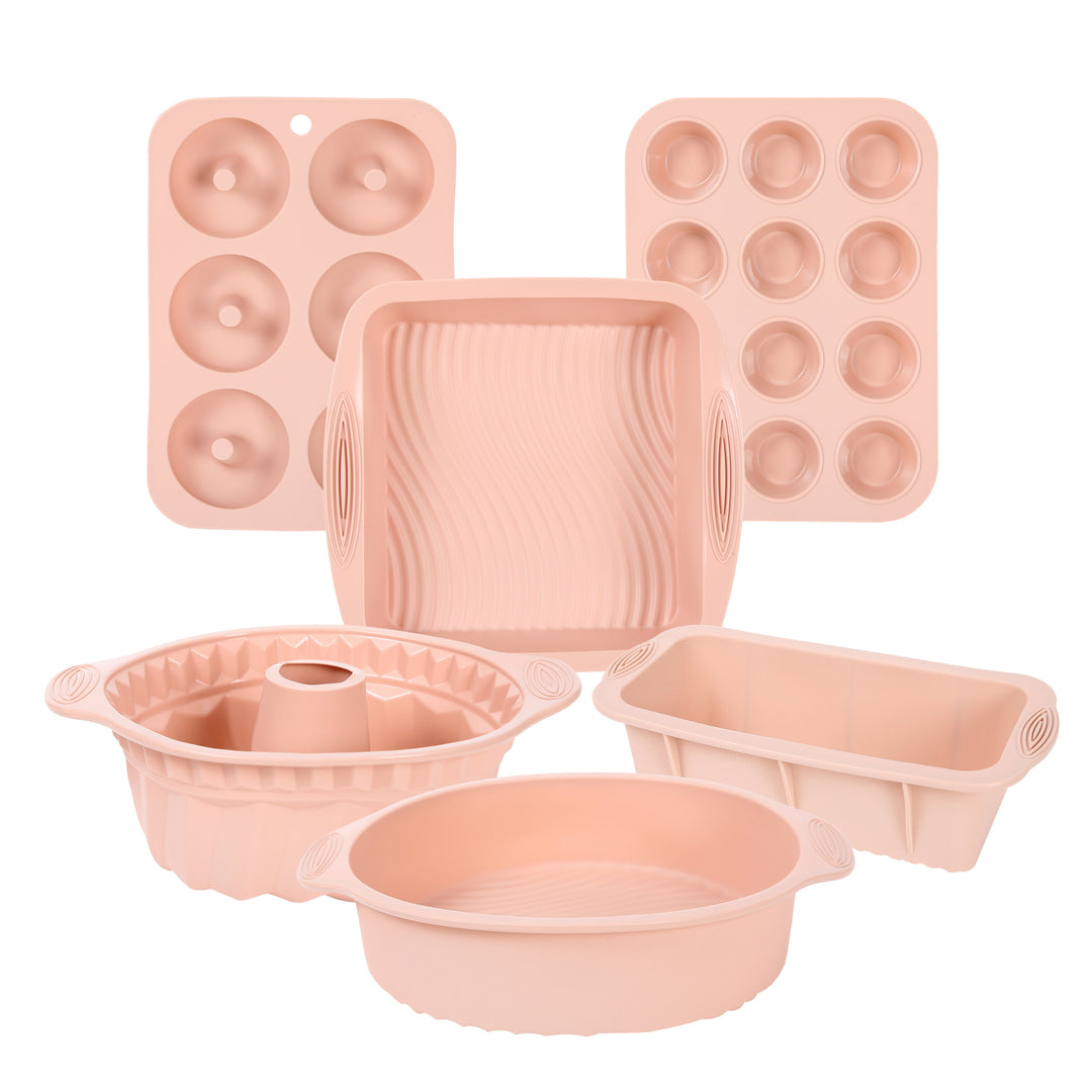 Durable silicone bakeware set with flexible, non-stick molds ensures easy baking & cleanup for all your treats.