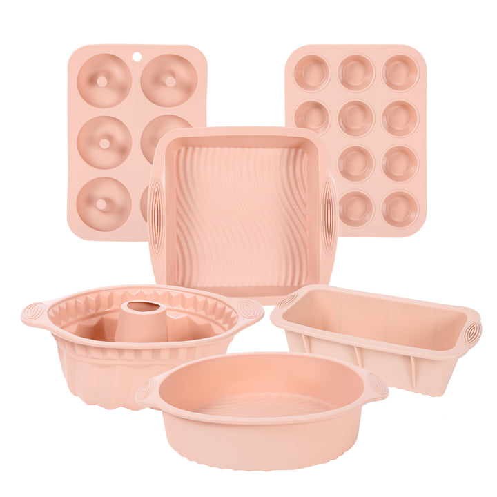 Durable silicone bakeware set with flexible, non-stick molds ensures easy baking & cleanup for all your treats.