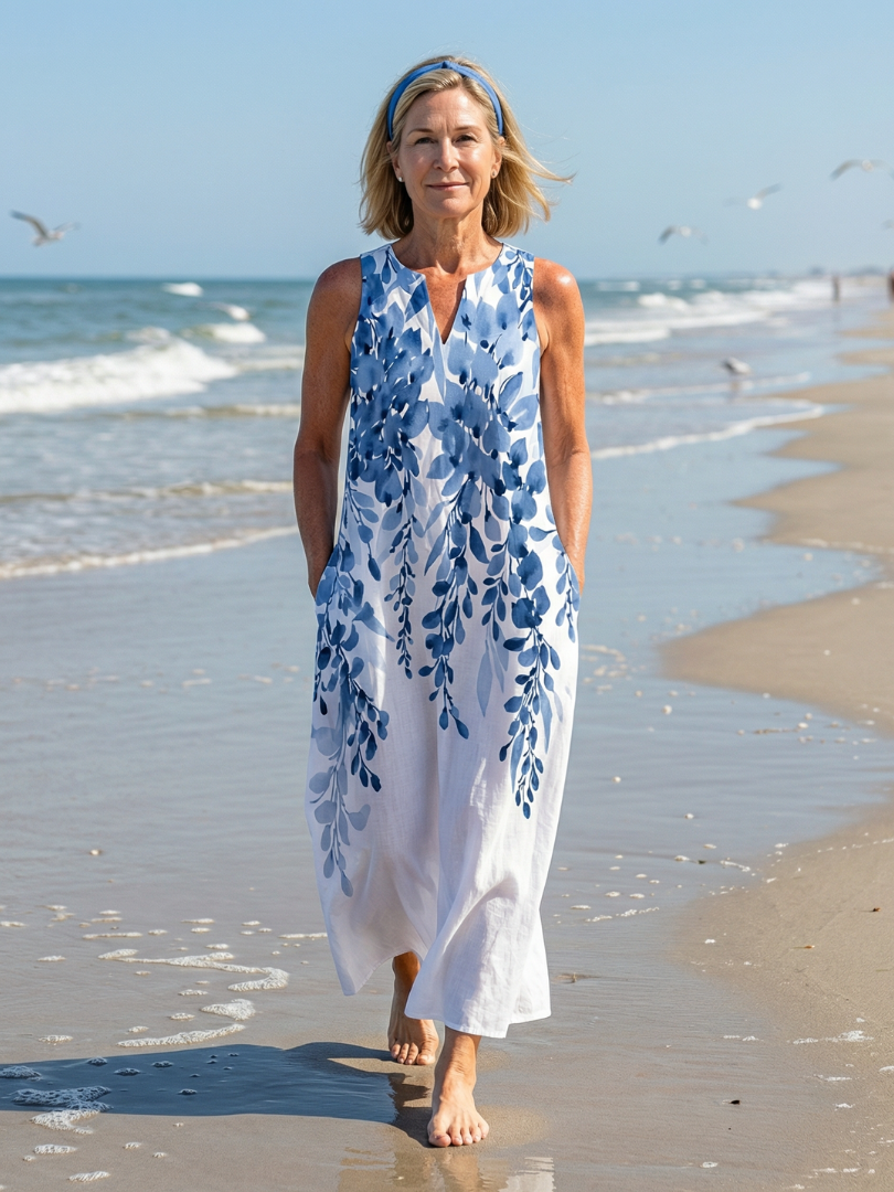 Women's sleeveless botanical print maxi dress with a flowy, relaxed fit, perfect for summer casual wear.
