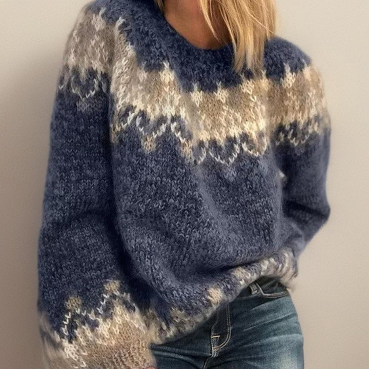 Comfortable women's knit pullover with intricate Nordic jacquard design, ideal for fall & winter fashion.