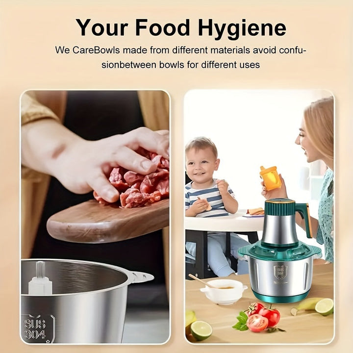 Robust stainless steel meat & vegetable processor. Electric food chopper and kitchen appliance for meal prep tasks.