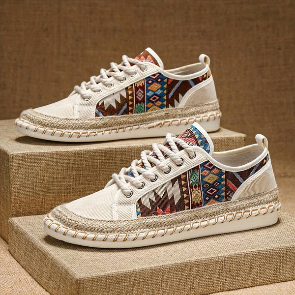 Side view of men's adventure-ready Aztec print sneakers, ideal for comfortable walking.