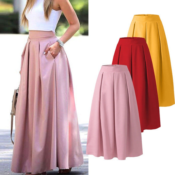 Fashionable women's high-waisted midi skirt with elegant pleats, ideal for a chic look.