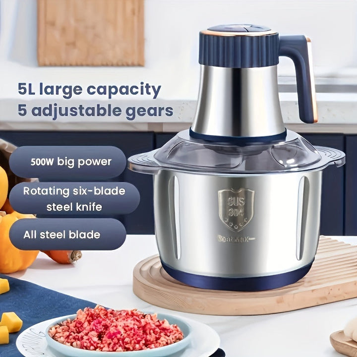 Versatile kitchen machine: electric stainless steel meat mincer, vegetable slicer & food processor for meal prep.