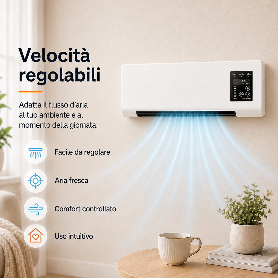 Space-saver wall fan, remote operated, delivers cool air for improved indoor comfort.