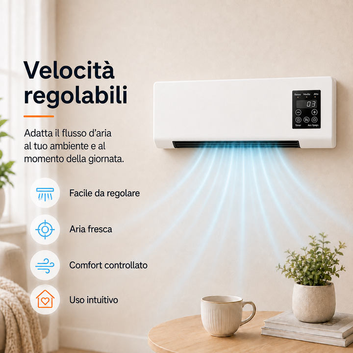Space-saver wall fan, remote operated, delivers cool air for improved indoor comfort.