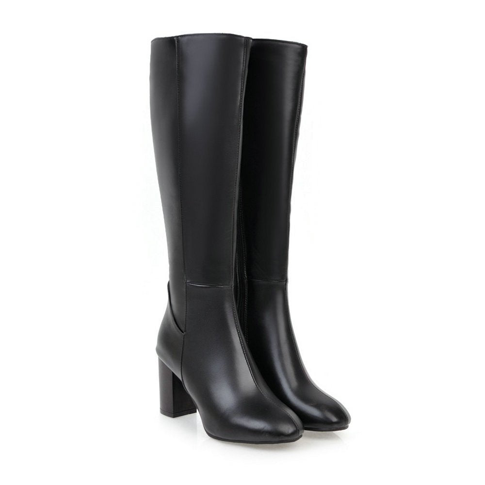 Versatile women's knee-high leather block heel boots. Stylish for dress or casual wear, featuring a side zipper.